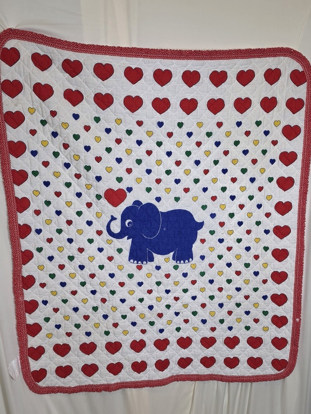 Vtg 1980s Sears Red Calliope Baby Crib Quilt Blanket Blue Elephant Hearts Ruffle